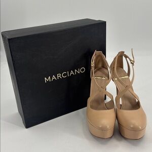 UEC Marciano nude smooth leather platform ankle straps 6in heels with box